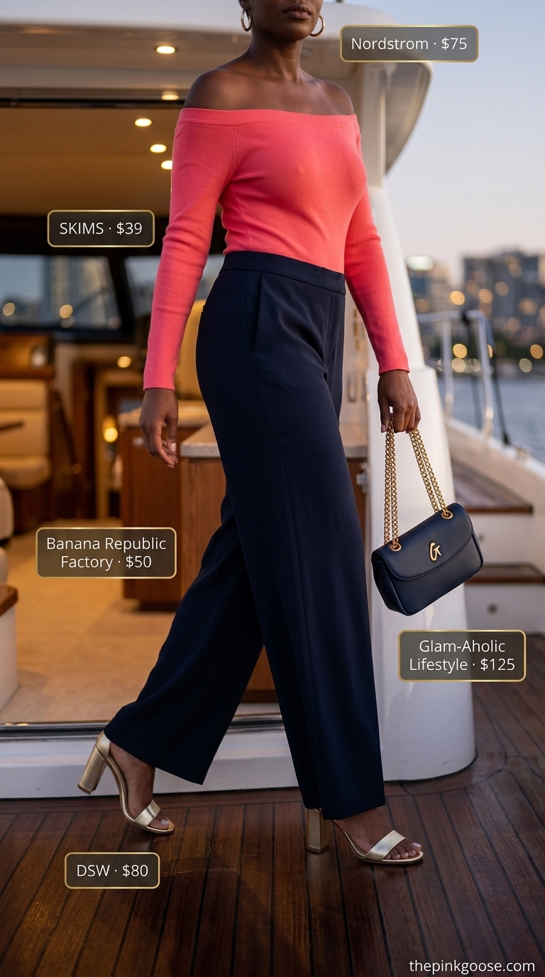 Elegant coral bodysuit with navy palazzo pants for evening summer outfits for women 2026.