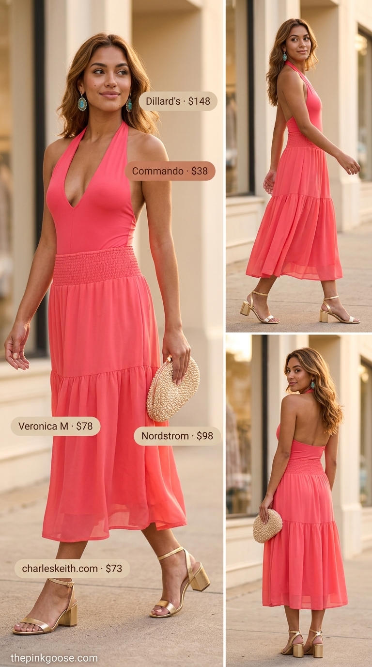 Vibrant coral pink bodysuit with gold statement earrings and flowy midi skirt for summer bodysuit outfits for women 2026.