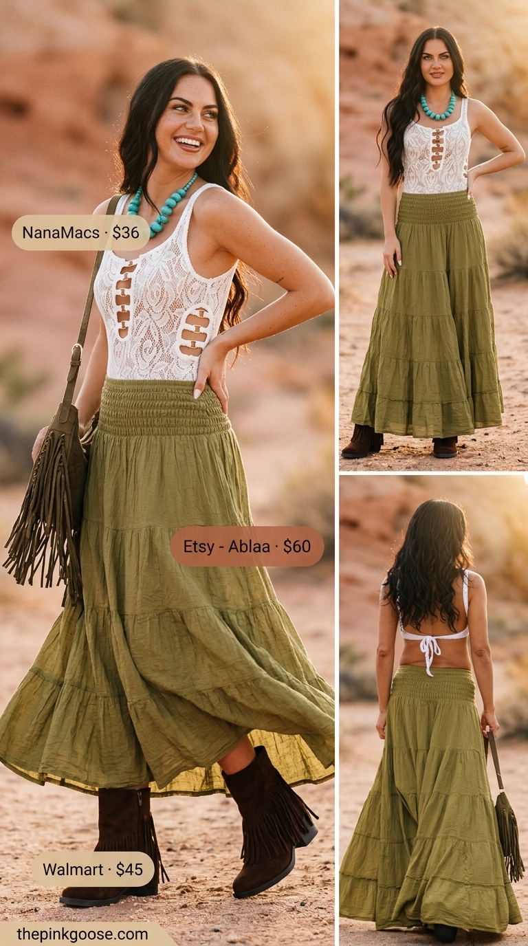 Bohemian cream crochet bodysuit with earthy maxi skirt for summer festival outfits for women 2026.
