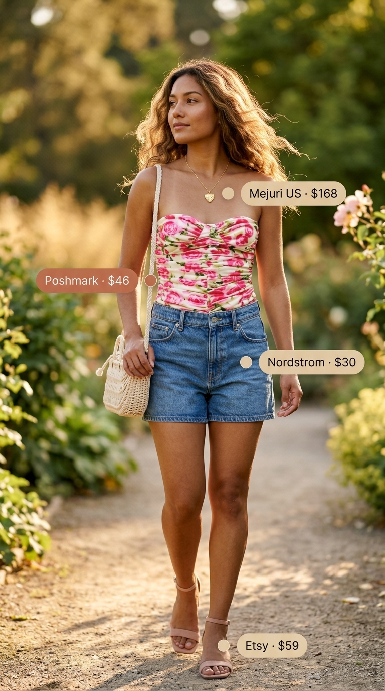 Feminine floral bodysuit with denim midi skirt for garden party summer outfits for women 2026.