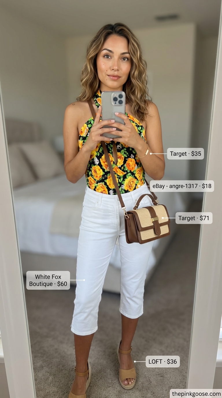 Chic floral halterneck bodysuit with white capri pants and espadrille wedges for summer bodysuit outfits for women 2026.