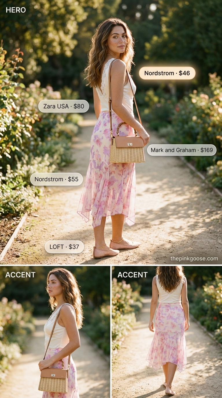 Romantic blush pink floral midi skirt with lace trim bodysuit for summer bodysuit outfits for women 2026.