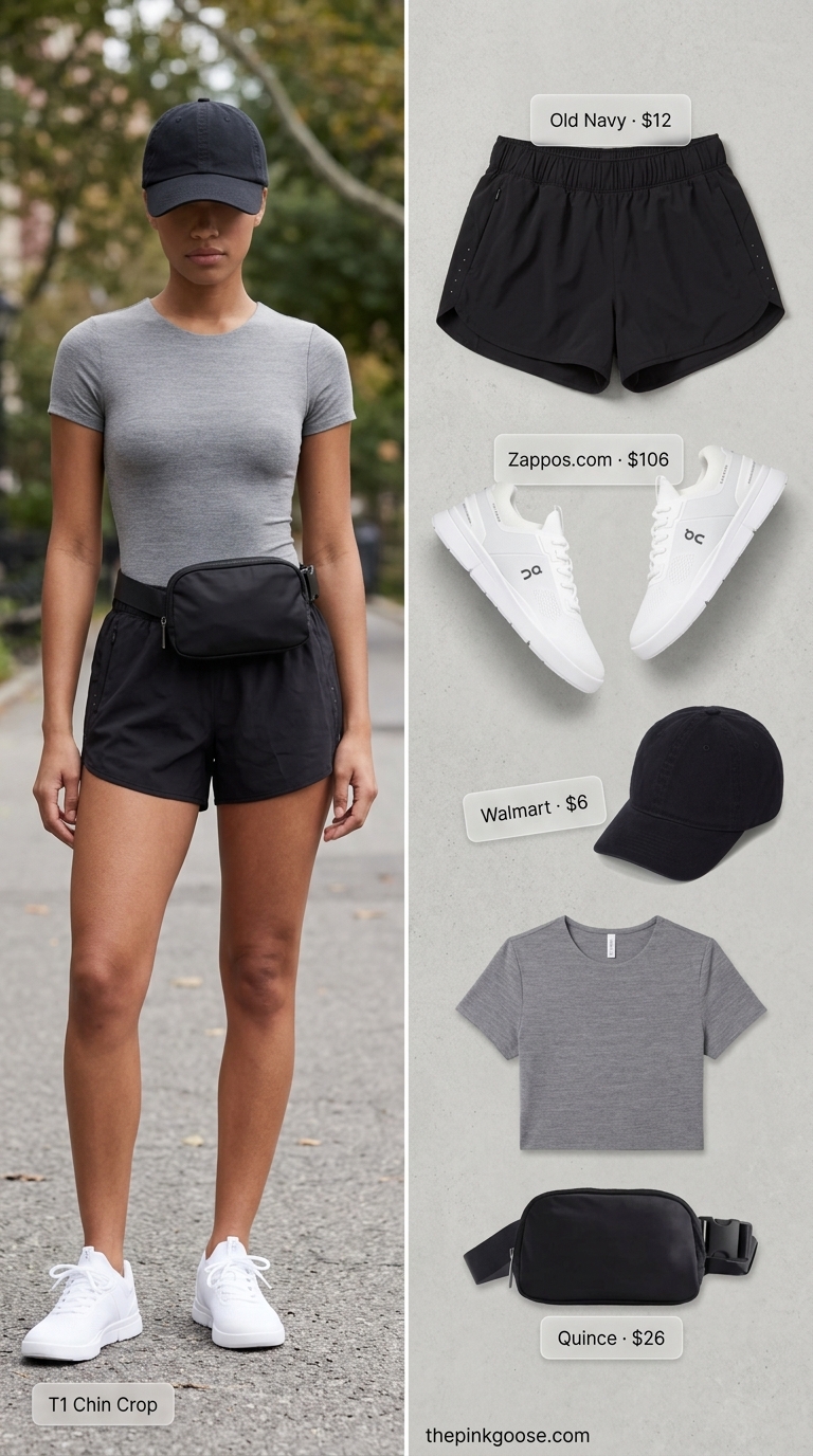 Comfortable grey short-sleeve bodysuit with athletic shorts and sneakers for summer bodysuit outfits for women 2026.