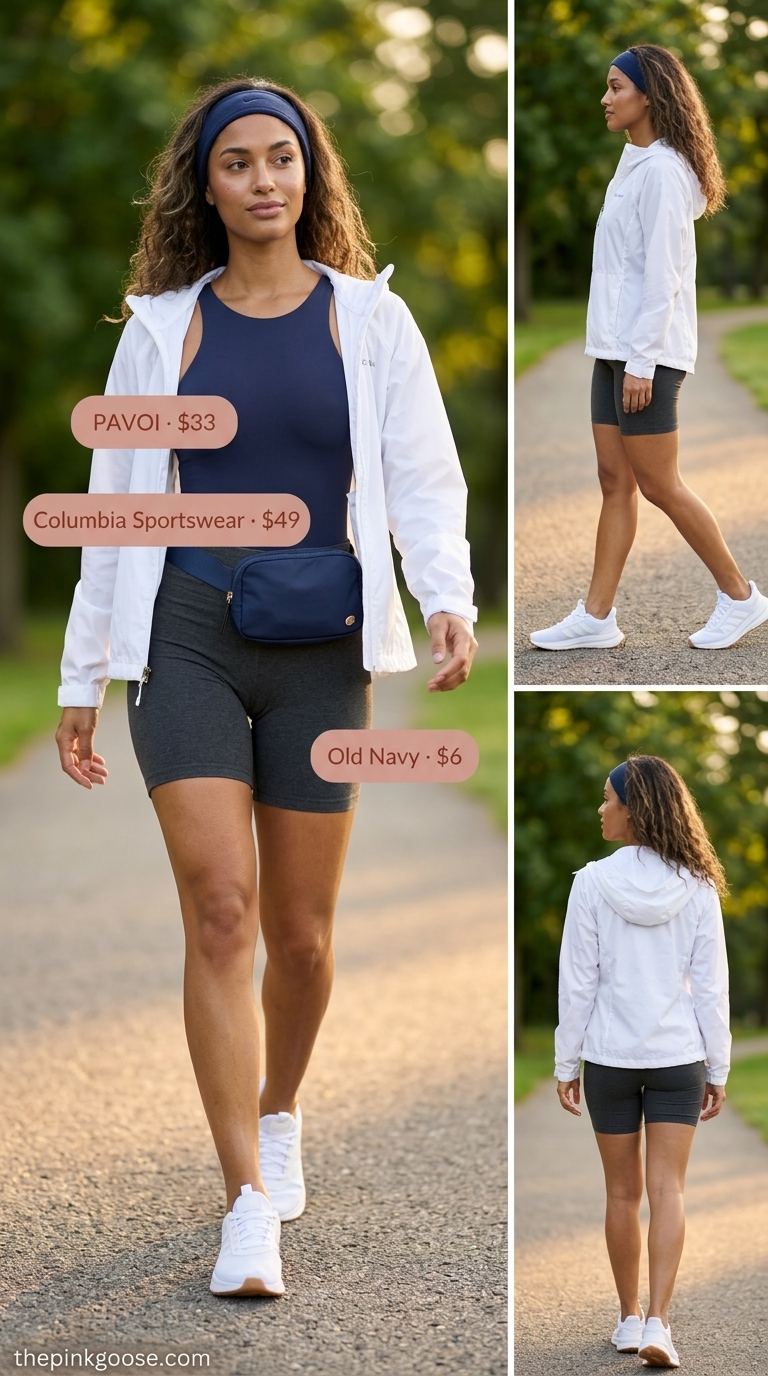 Sporty navy athletic bodysuit with grey biker shorts for active summer outfits for women 2026.