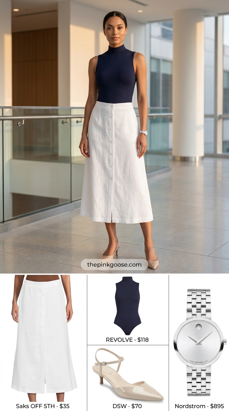 Sophisticated navy bodysuit and white linen skirt for summer office outfits for women 2026. Business casual.
