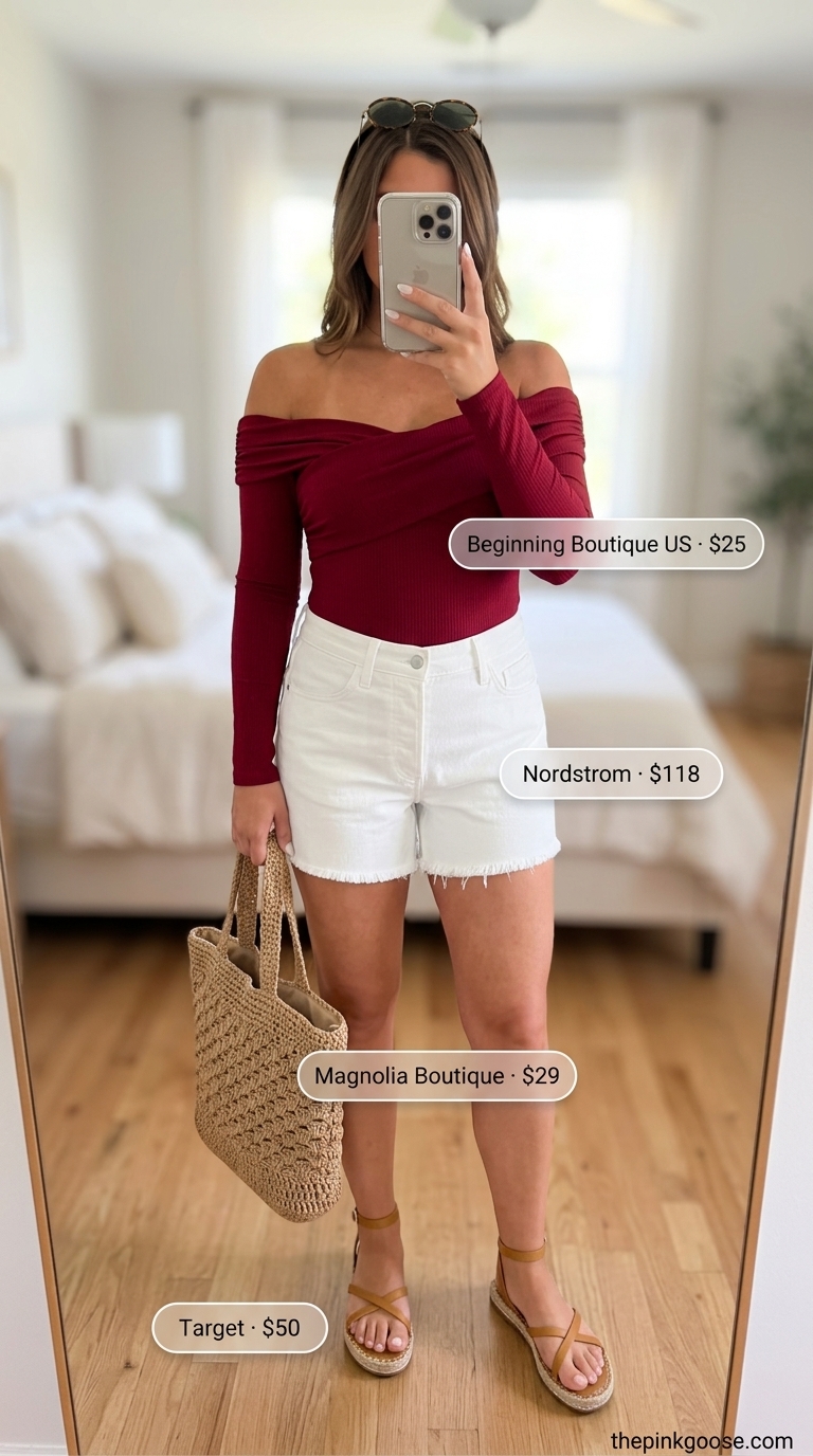 Playful red off-the-shoulder bodysuit with white denim shorts for summer bodysuit outfits for women 2026.