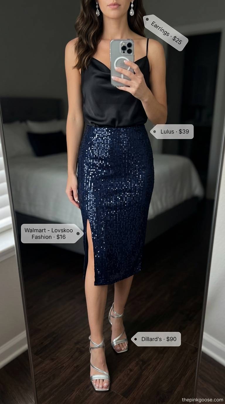Glamorous black cowl neck bodysuit with sequined midi skirt for summer bodysuit outfits for women 2026.