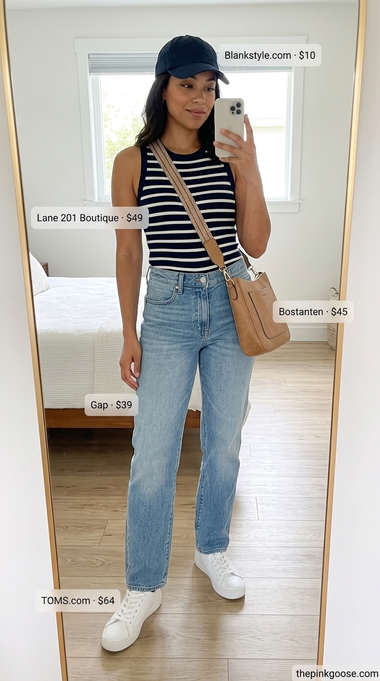 Classic navy and white striped bodysuit with light wash denim jeans for summer bodysuit outfits for women 2026.