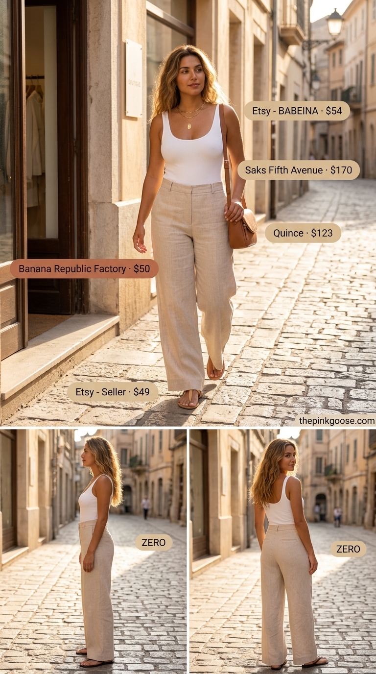 Relaxed white bodysuit and beige linen pants for coastal summer outfits for women 2026. Casual brunch.