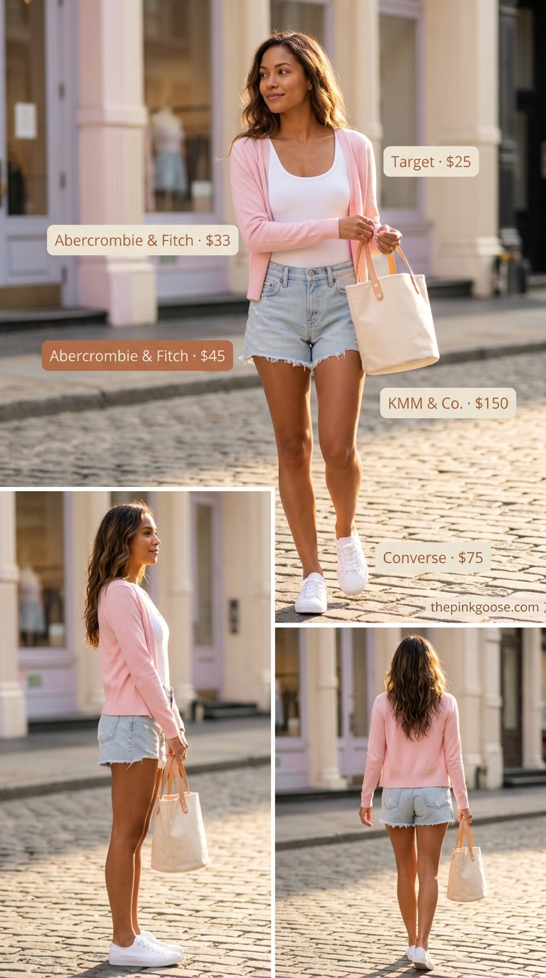 Casual white bodysuit with light blue denim shorts and pink cardigan for weekend summer outfits for women 2026.
