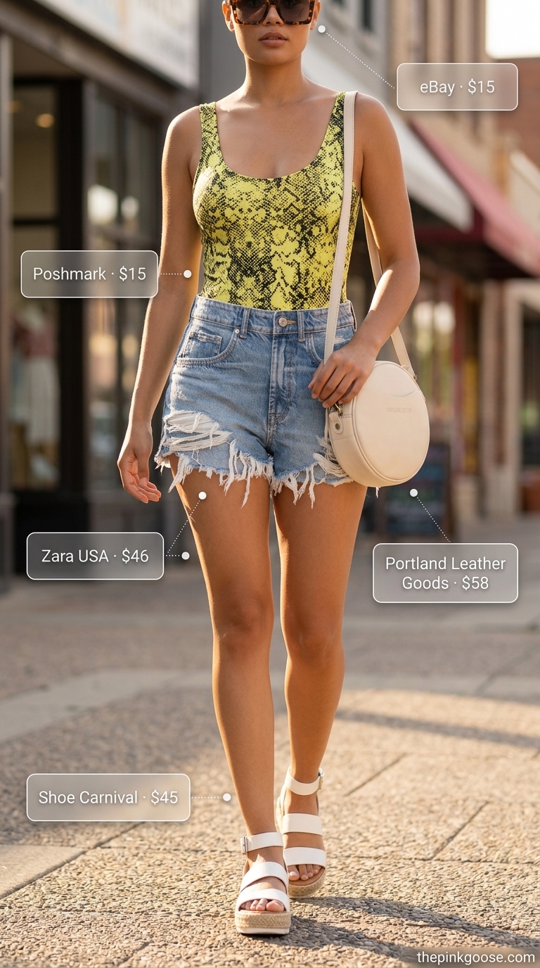 Playful yellow graphic bodysuit with denim shorts for retro summer outfits for women 2026.