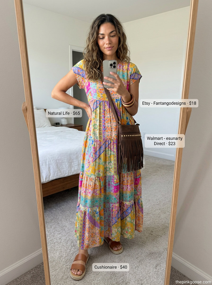 Boho floral cap sleeve maxi dress with suede espadrilles & wooden bangles.