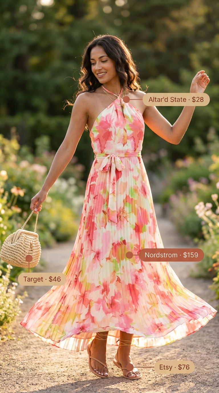 Pastel floral maxi summer cap sleeve dress 2026, nude sandals, straw clutch, layered gold necklaces for weddings.