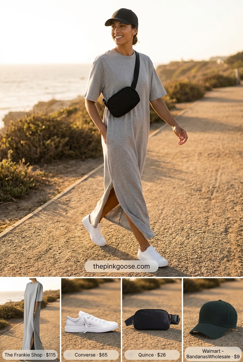 Heather grey t-shirt summer cap sleeve dress 2026, baseball cap, belt bag, white sneakers for errands.