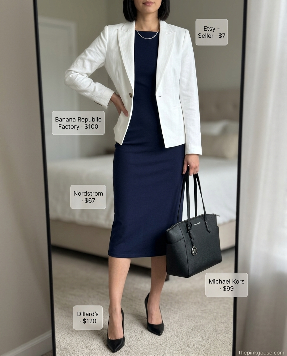 Navy cap sleeve sheath dress with white blazer & black pumps for business casual.