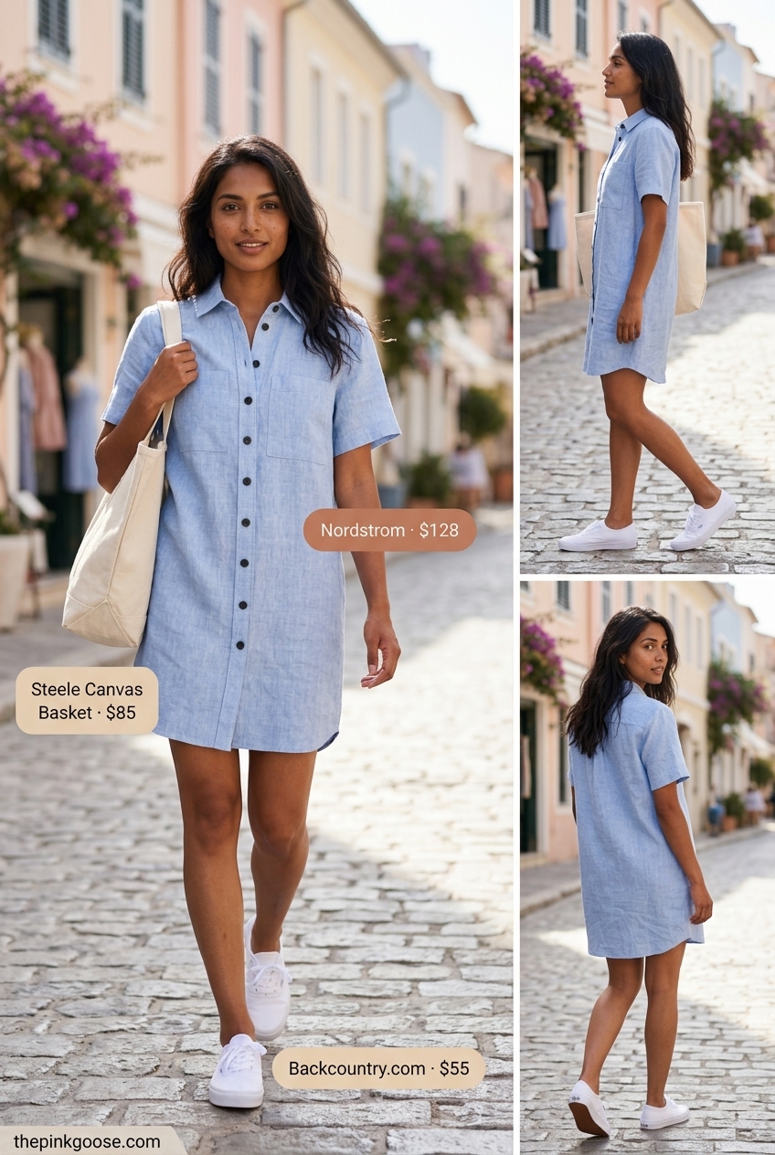 Casual sky blue linen summer cap sleeve dress 2026 styled with white sneakers and a canvas tote.