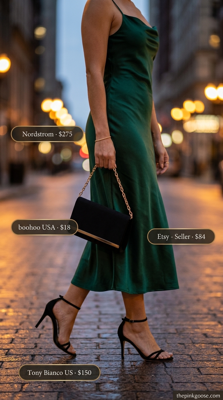 Emerald green cap sleeve satin midi dress with black heels & clutch for evening.
