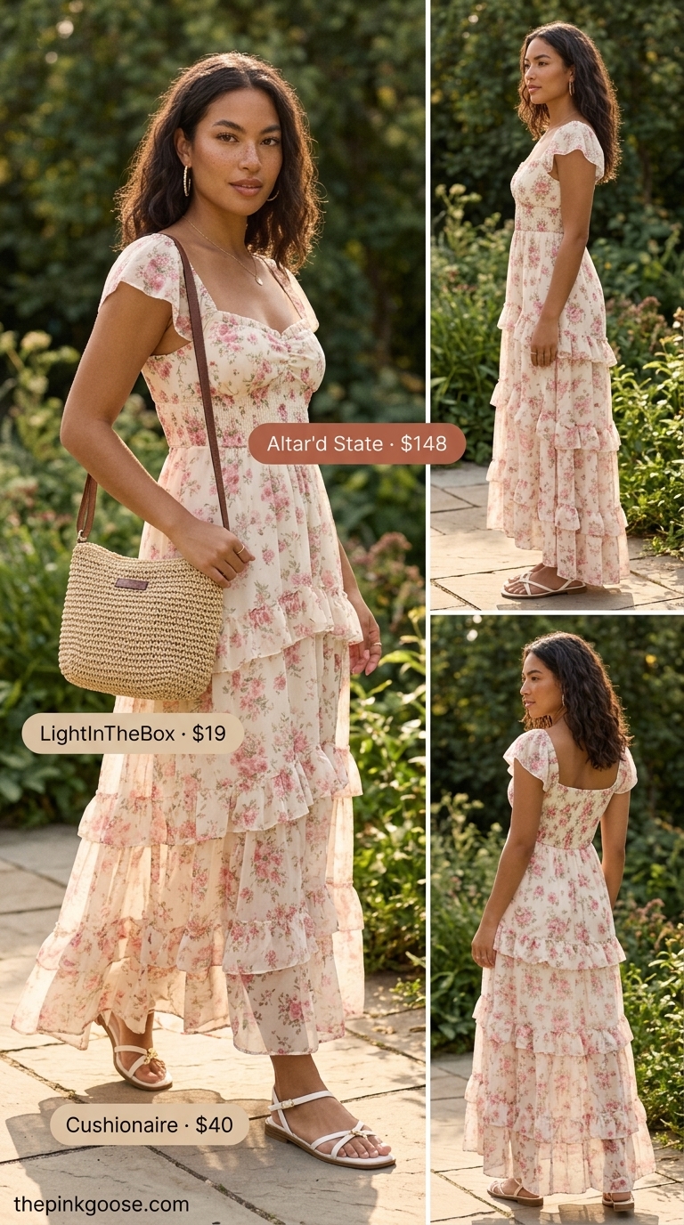 Romantic floral maxi summer cap sleeve dress 2026 with flat sandals and straw crossbody bag.