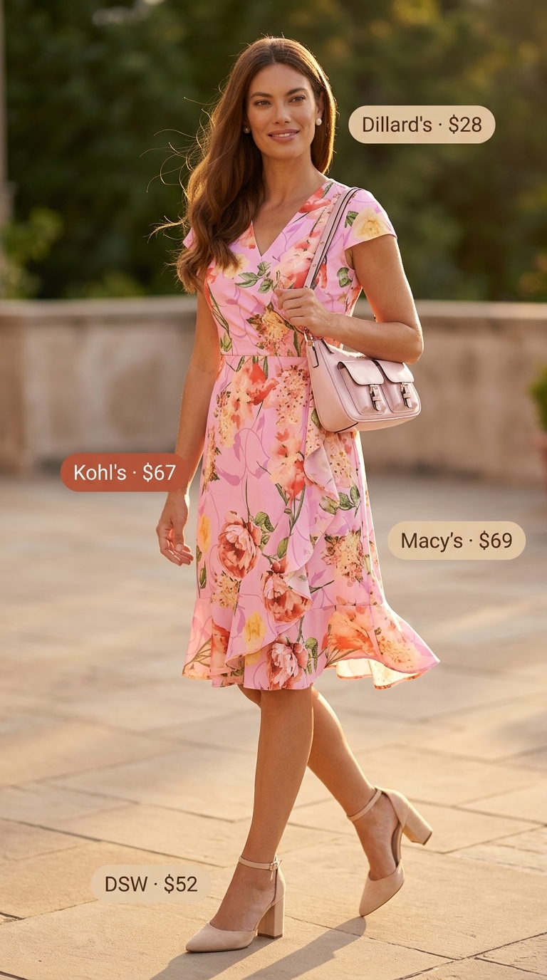 Rose pink floral wrap summer cap sleeve dress 2026, cream pumps, pearl earrings, blush shoulder bag for parties.
