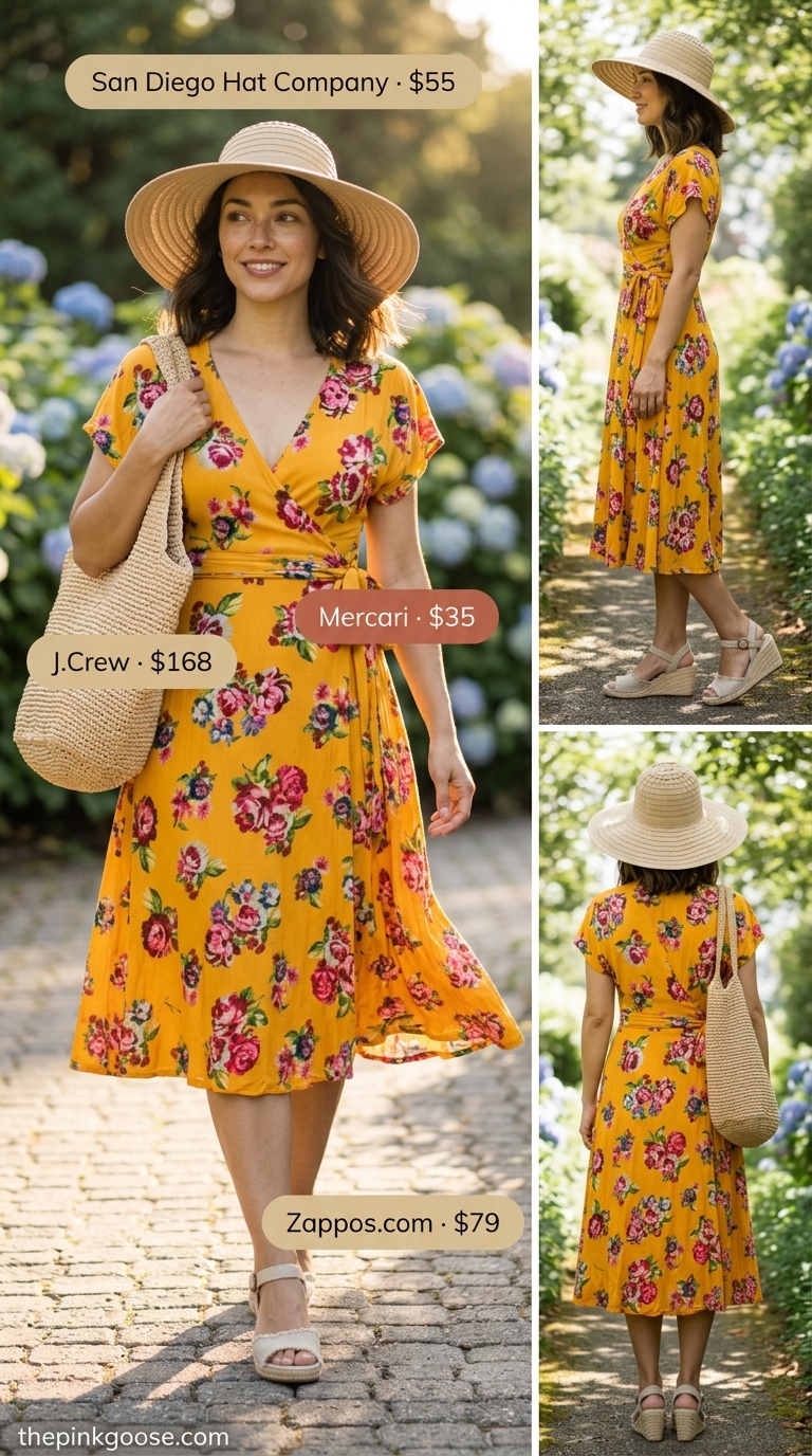 Vibrant yellow floral wrap summer cap sleeve dress 2026 with espadrille wedges and straw hat.