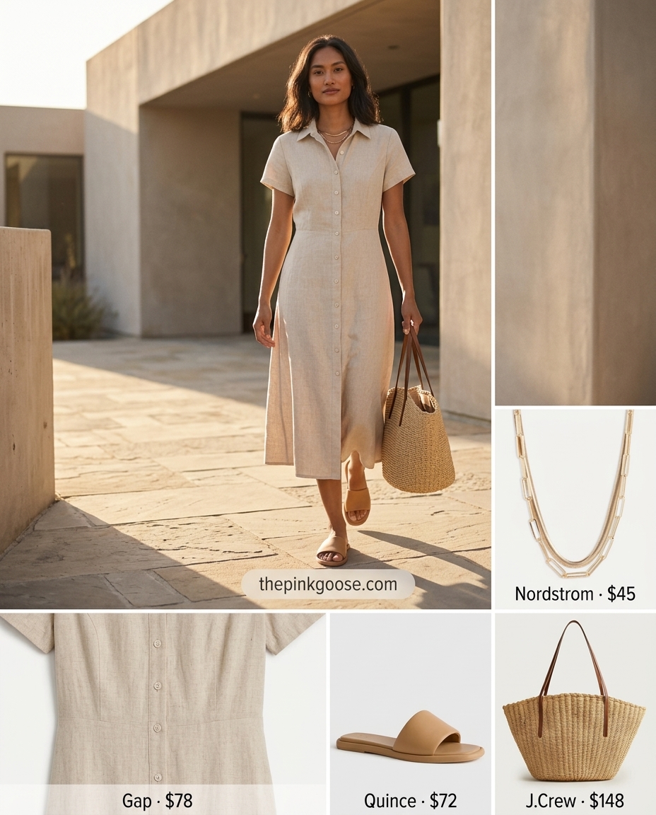 Beige linen cap sleeve shirt dress with straw tote & tan slides for effortless style.