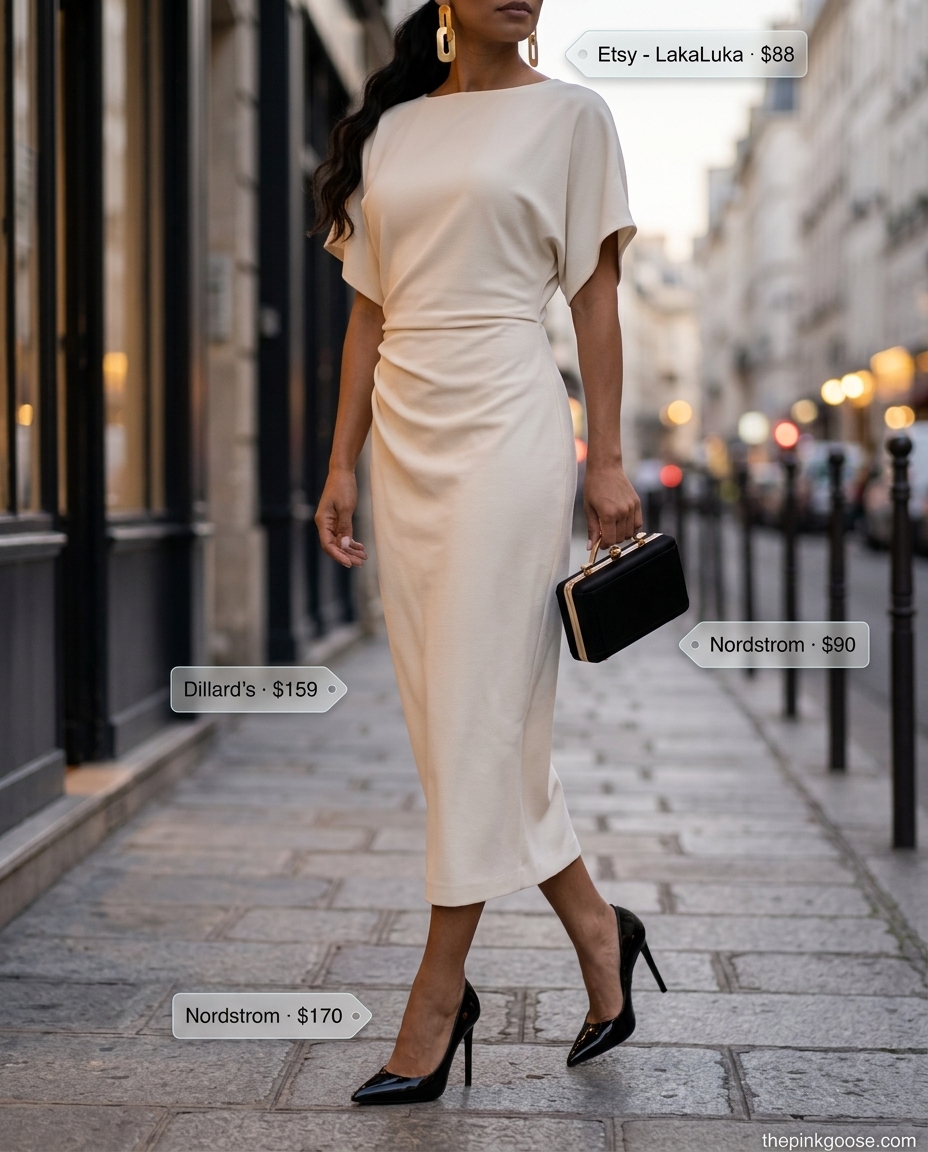 Warm beige sheath summer cap sleeve dress 2026, black heels, gold earrings, black clutch for evening.