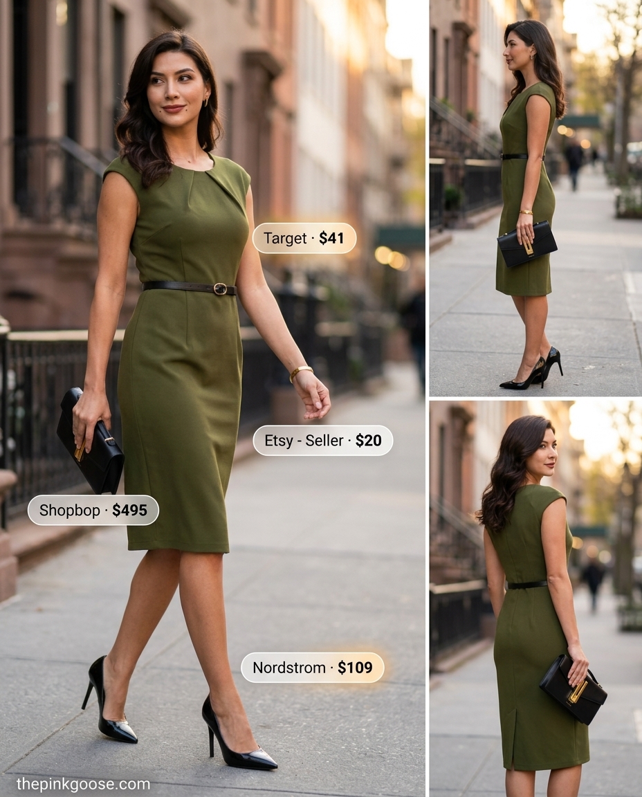 Olive green cap sleeve midi dress with black pumps & gold bangle for modern look.