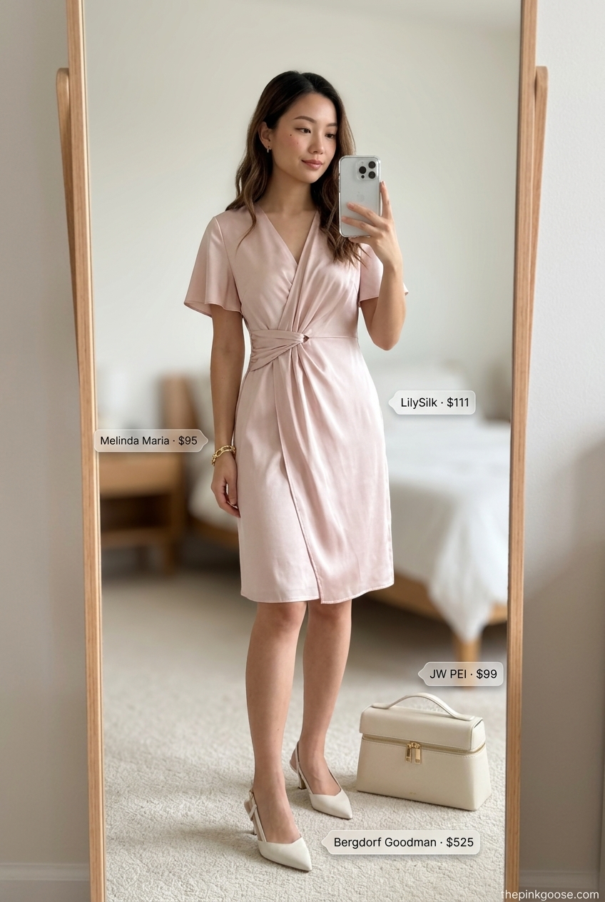 Elegant cream wrap summer cap sleeve dress 2026 with kitten heels and structured top-handle bag.