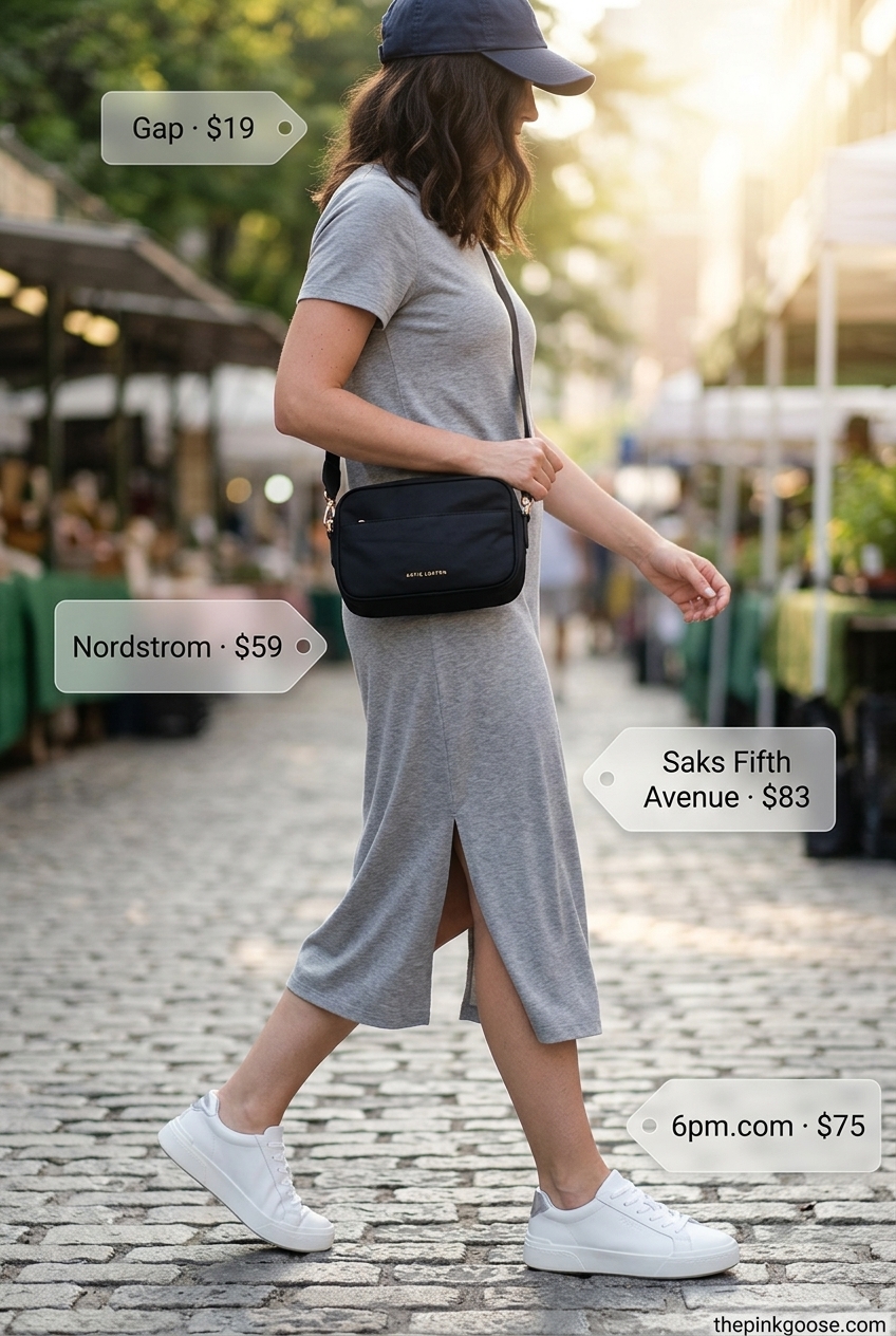 Navy blue t-shirt summer cap sleeve dress 2026, baseball cap, fashion sneakers, nylon crossbody for active days.