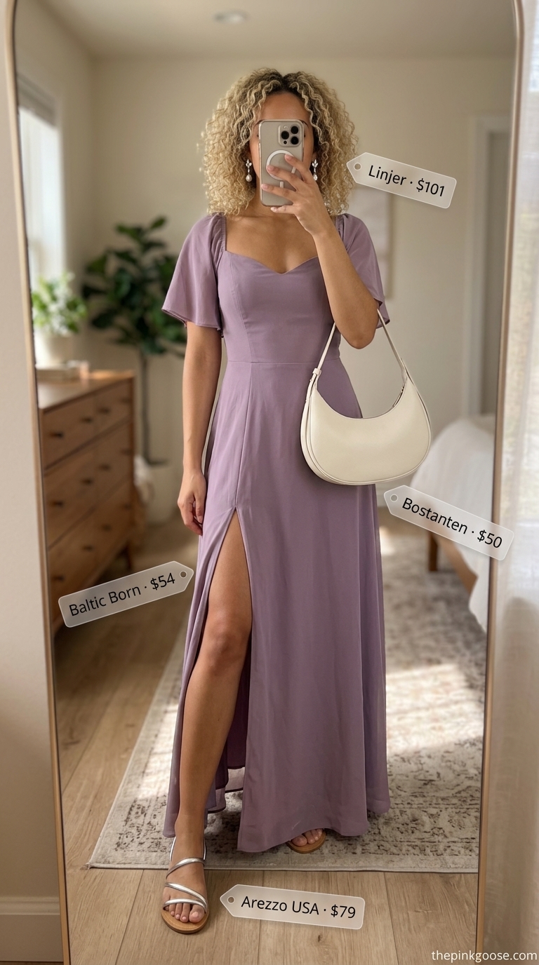 Lavender cap sleeve maxi dress with cream bag & silver sandals for summer evening out.