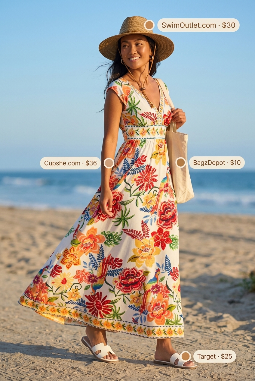 Tropical print cap sleeve maxi dress with straw hat & canvas tote for vacation.