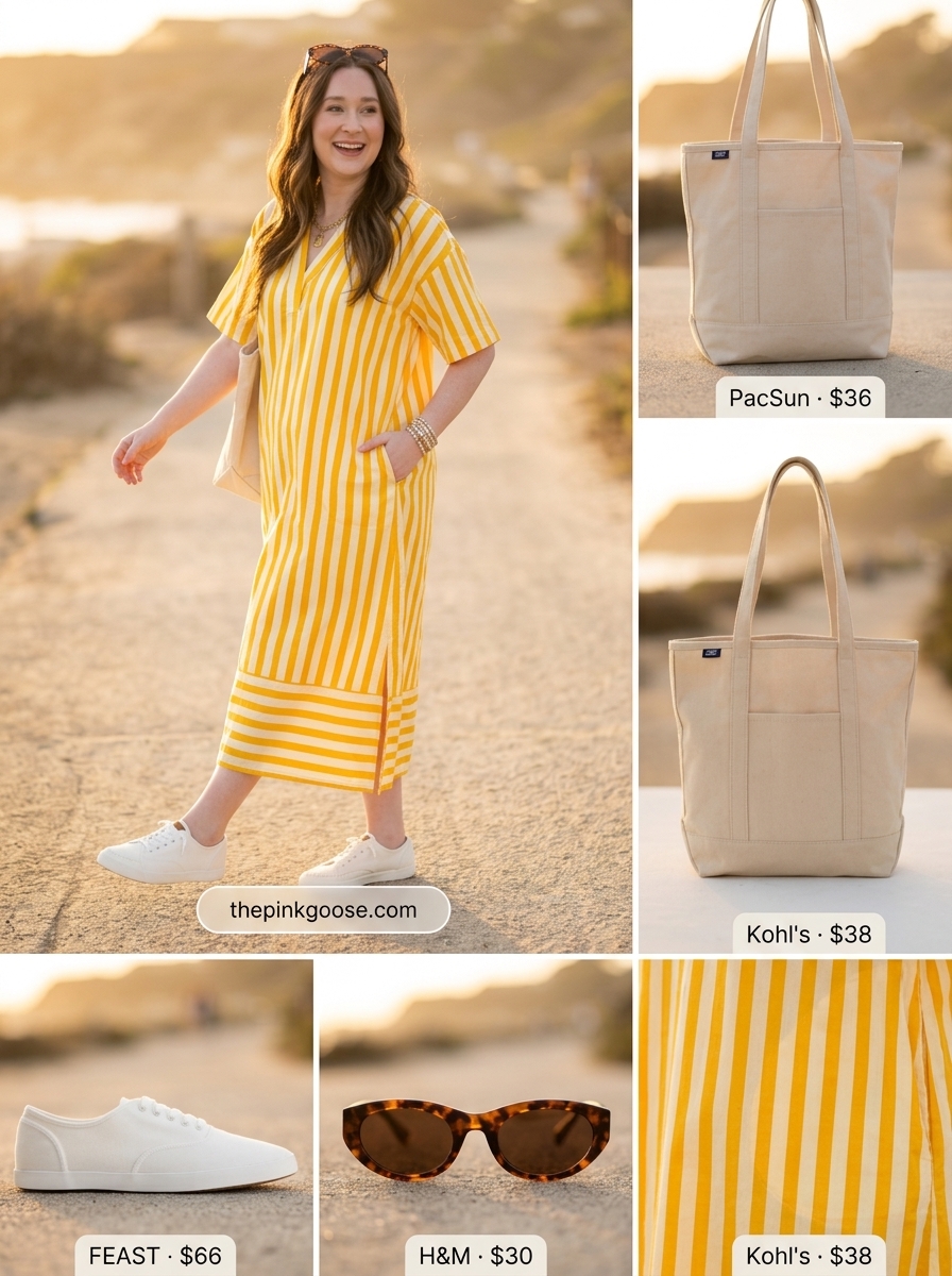 Vibrant multi-color stripe summer cap sleeve dress 2026 with canvas sneakers and tote bag.