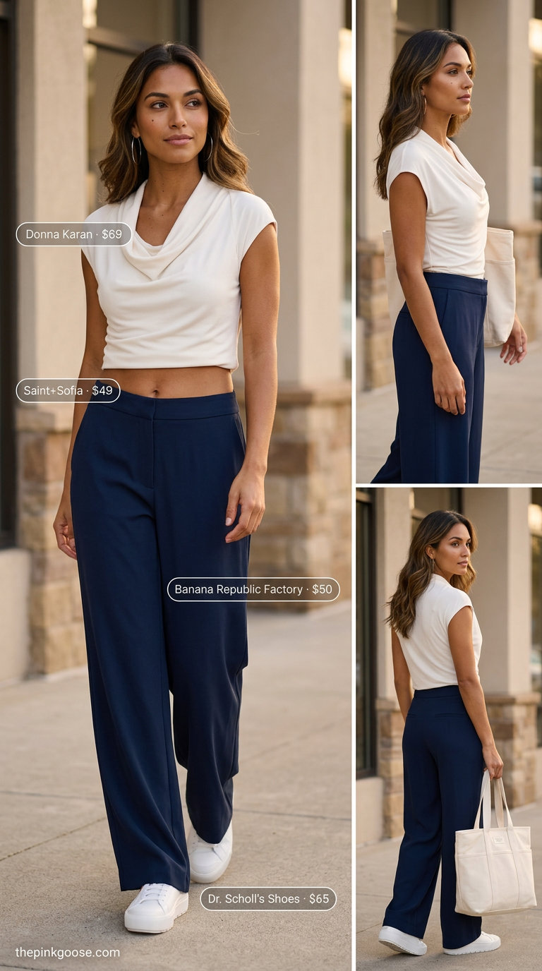 Chic beige cowl neck top with navy wide-leg pants for women 2026. Perfect for city exploration.