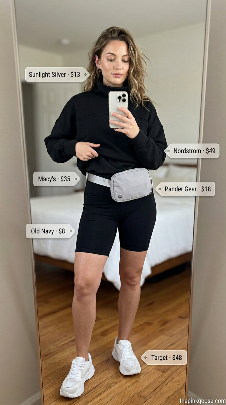 Comfortable black cowl neck sweatshirt with biker shorts for women 2026.