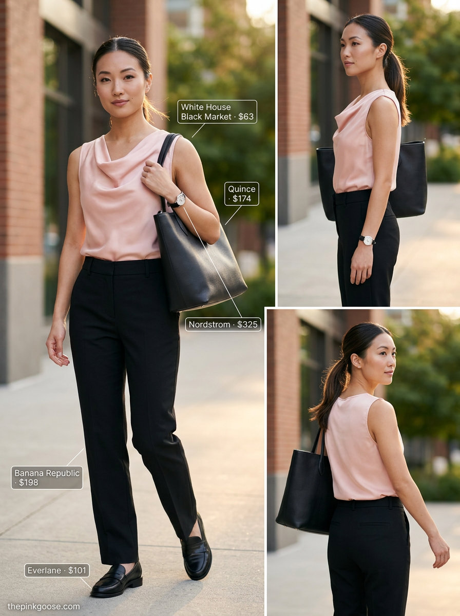 Professional summer cowl neck outfits for women 2026: Blush pink cowl neck blouse with black trousers.