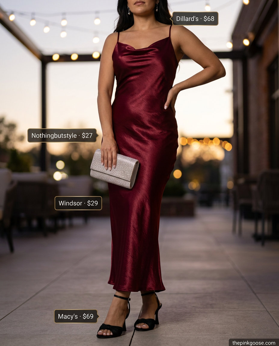 Romantic summer cowl neck outfits for women 2026: Burgundy cowl neck slip dress with stiletto heels.