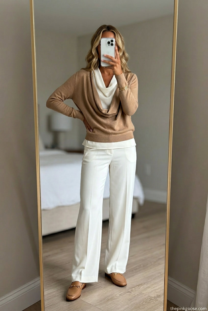 Classic summer cowl neck outfits for women 2026: Camel sweater with cream trousers.
