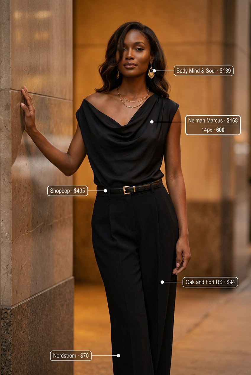 Elegant summer cowl neck outfits for women 2026: Champagne cowl neck camisole with black trousers.