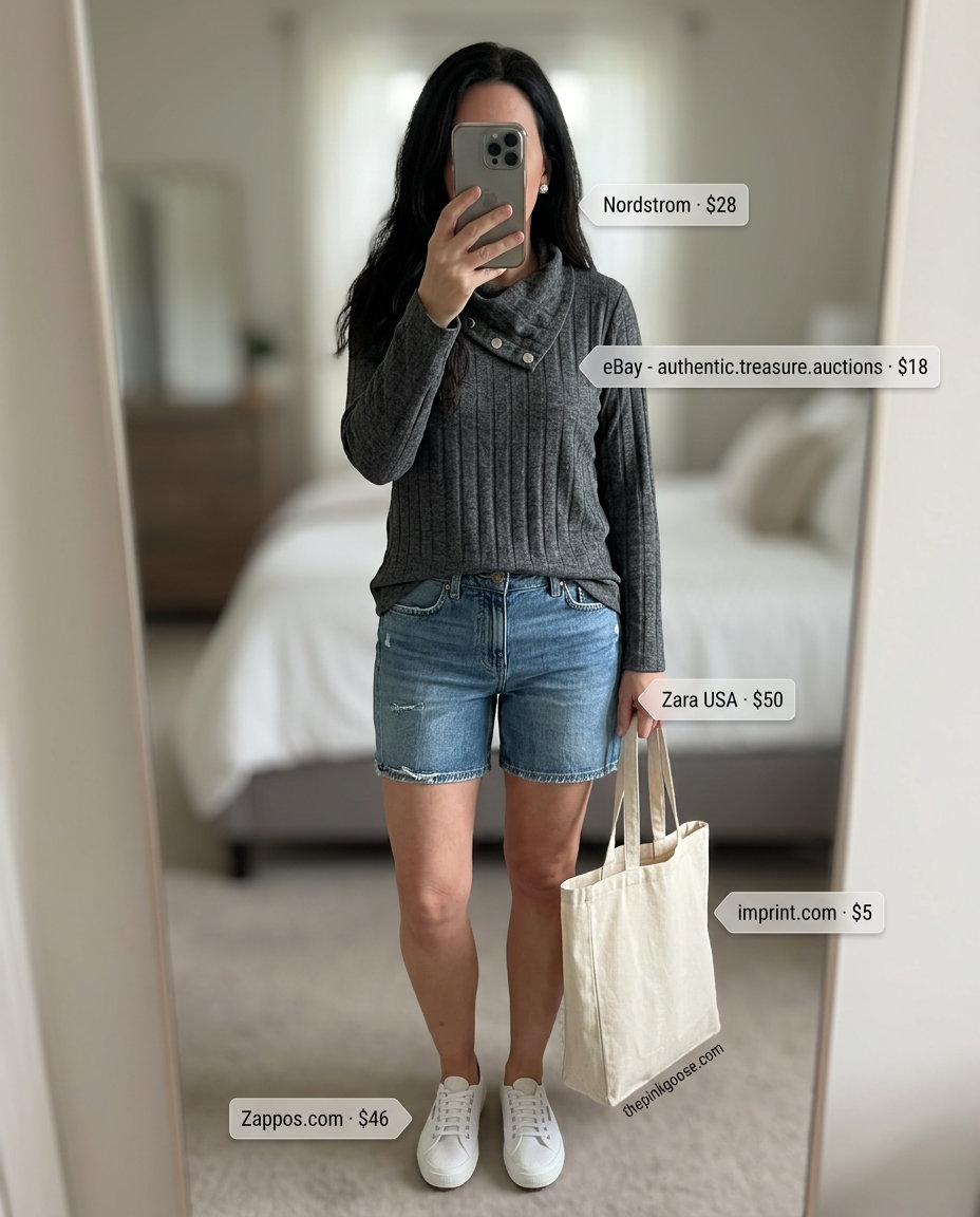 Cozy charcoal grey cowl neck top with denim shorts for women 2026.