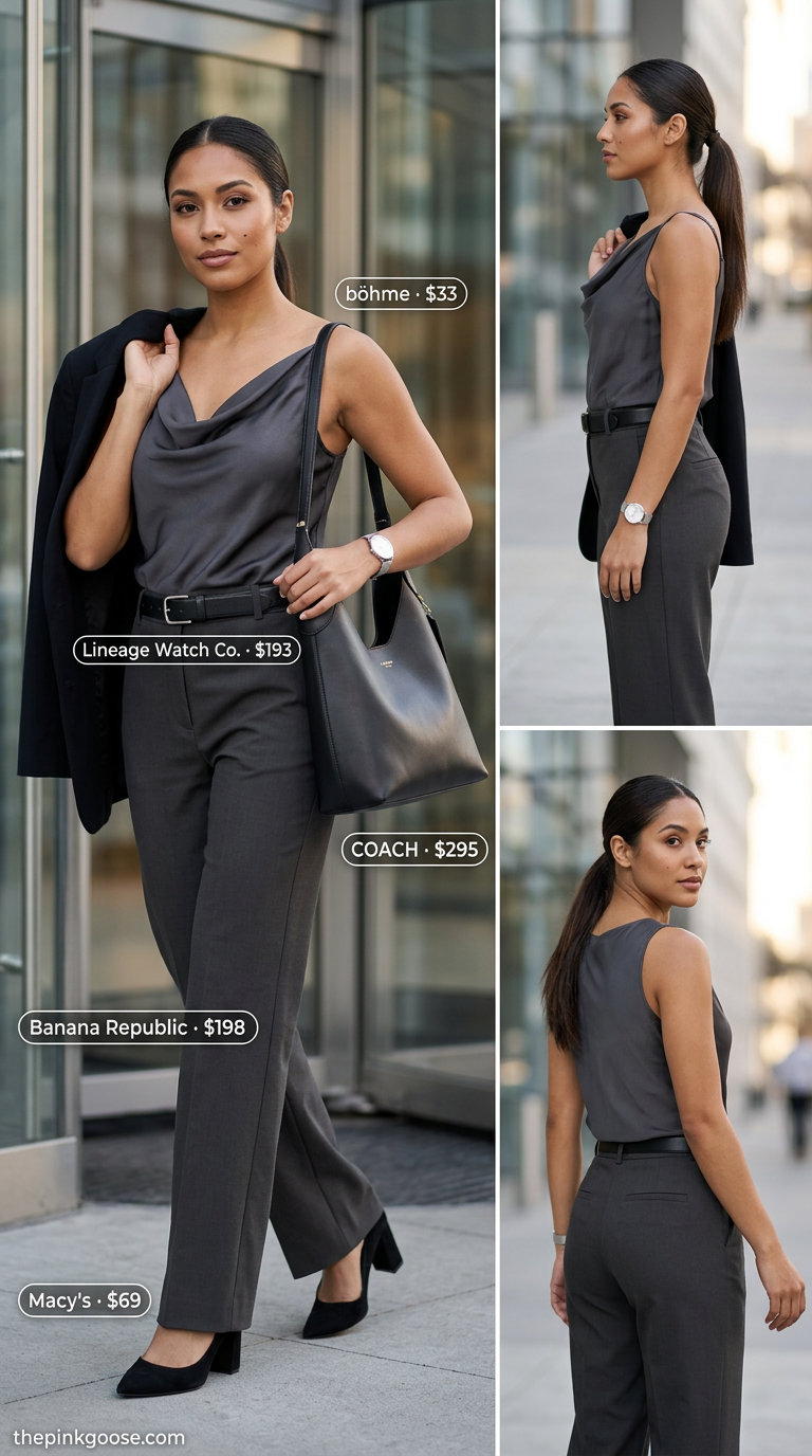 Sophisticated charcoal grey cowl neck top with matching trousers for women 2026.