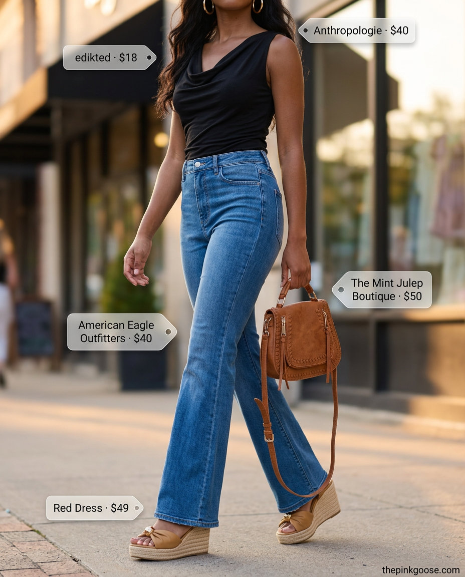 Retro summer cowl neck outfits for women 2026: Coral knit top with flare jeans and platform wedges.