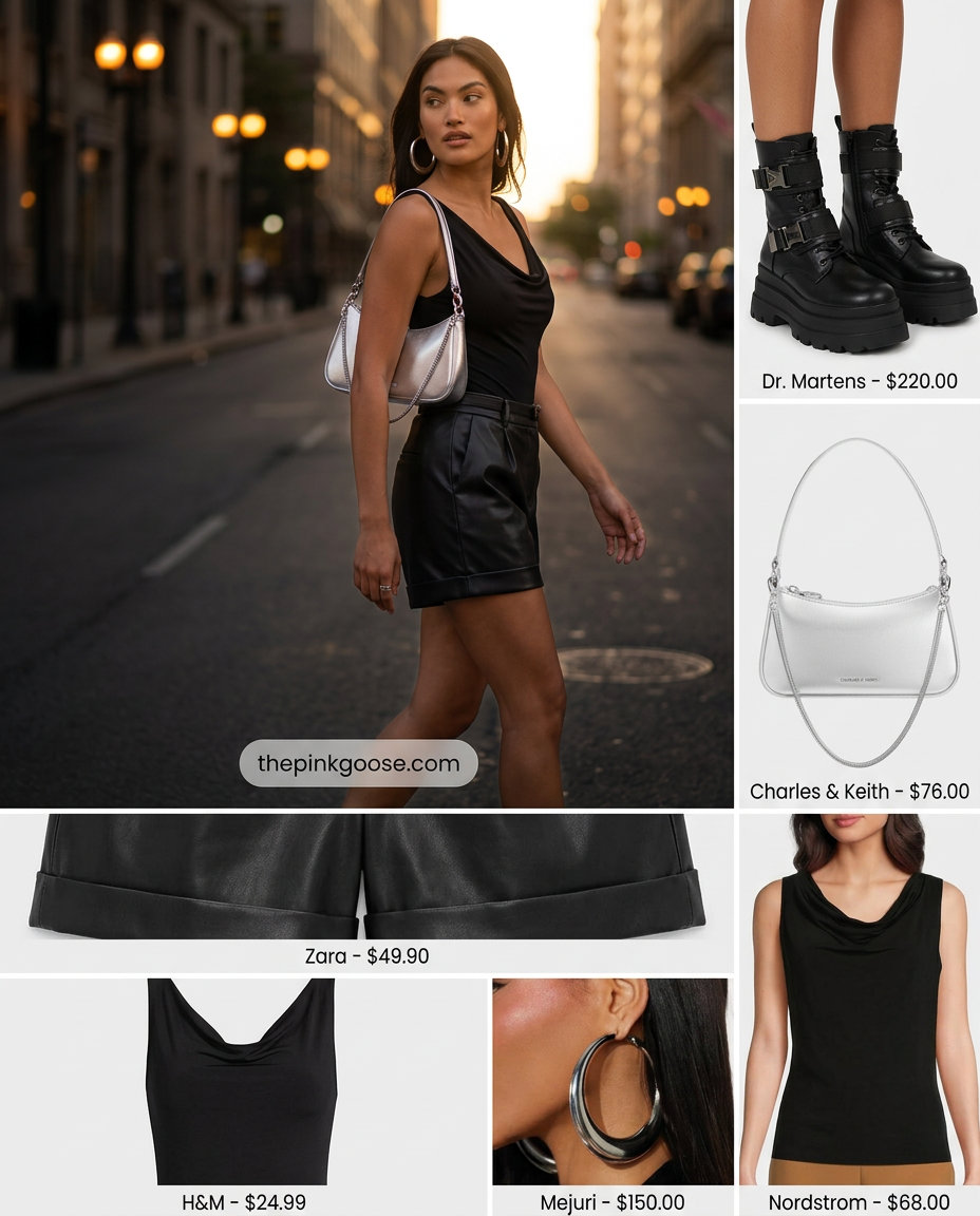 Edgy summer cowl neck outfits for women 2026: Black bodysuit, faux leather shorts, combat boots, silver hoops.