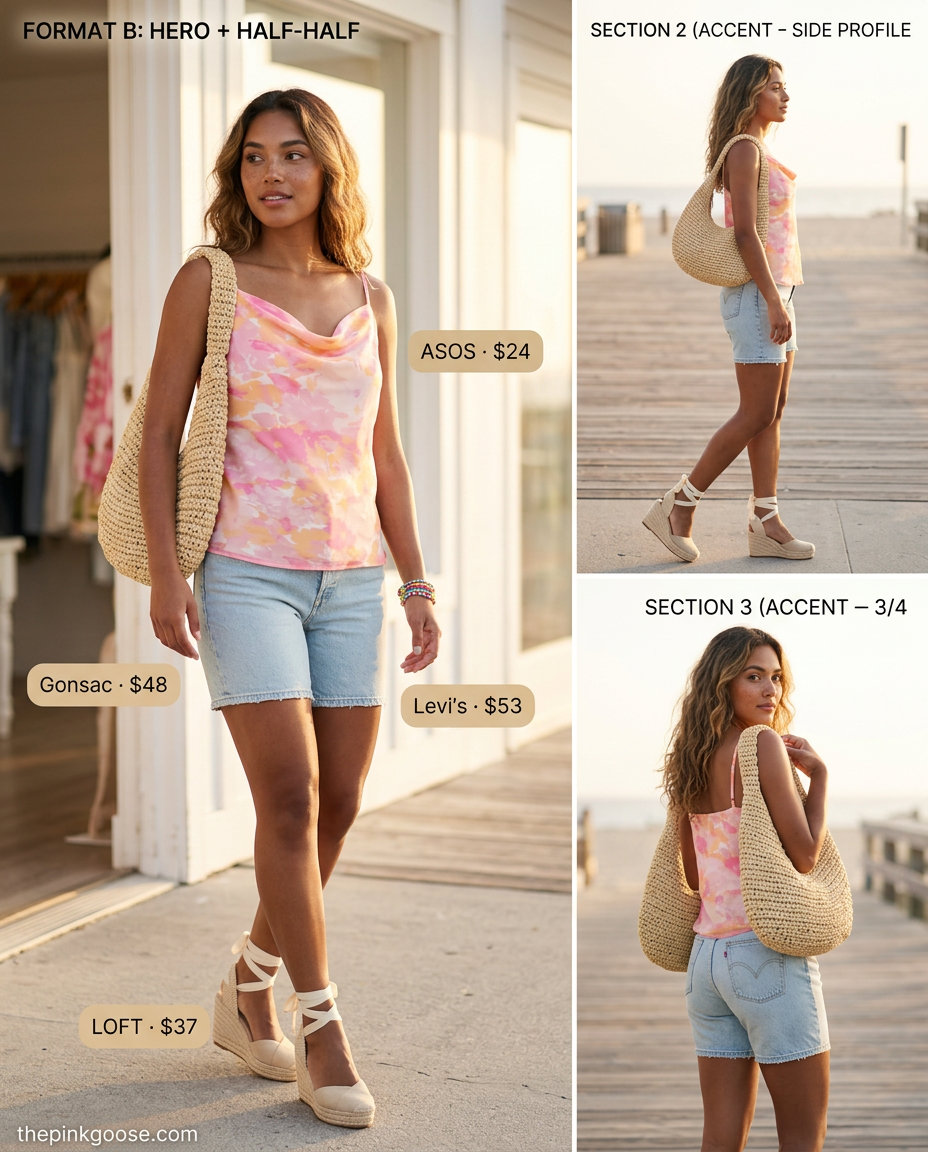 Boho summer cowl neck outfits for women 2026: Floral camisole, denim shorts, espadrilles, straw bag.