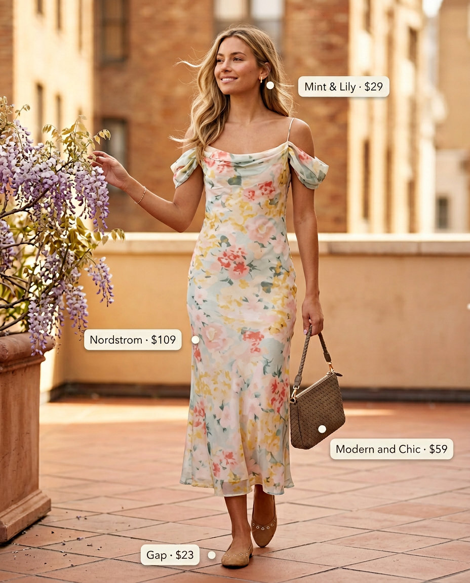 Weekend brunch summer cowl neck outfits for women 2026: Pastel floral midi dress, ballet flats, and straw crossbody.