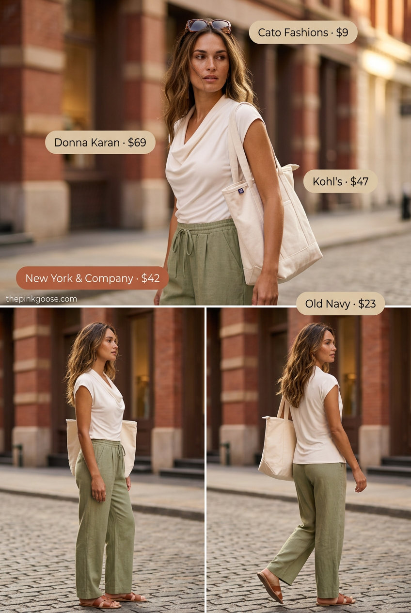 Weekend getaway summer cowl neck outfits for women 2026: Cream knit top, olive linen pants, slides, tote.