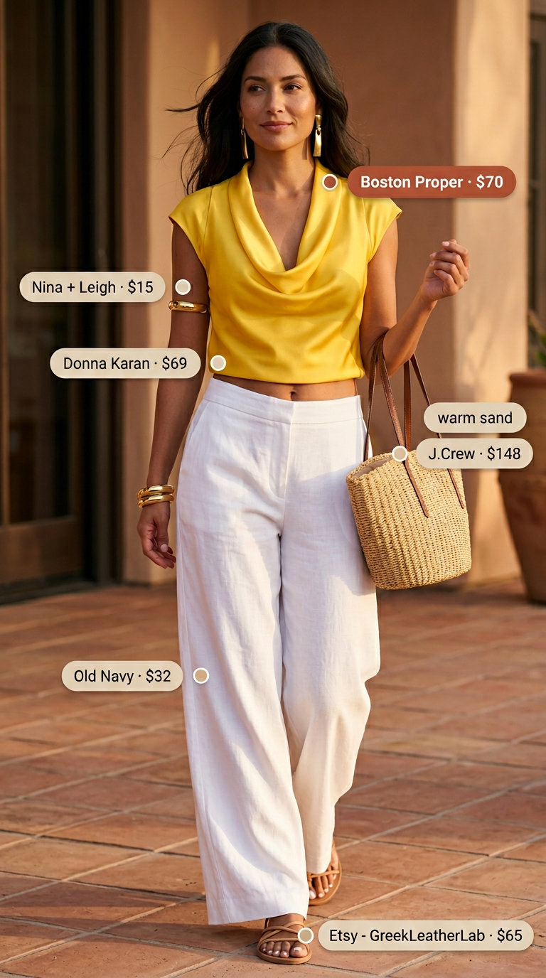 Sunset glow summer cowl neck outfits for women 2026: Mustard camisole, cream linen pants, tan sandals, bangles.