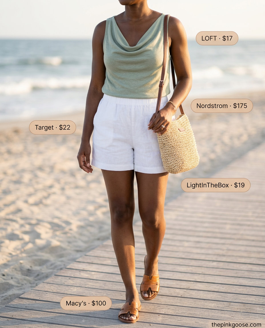 Relaxed sage green cowl neck t-shirt with white linen shorts for women 2026.