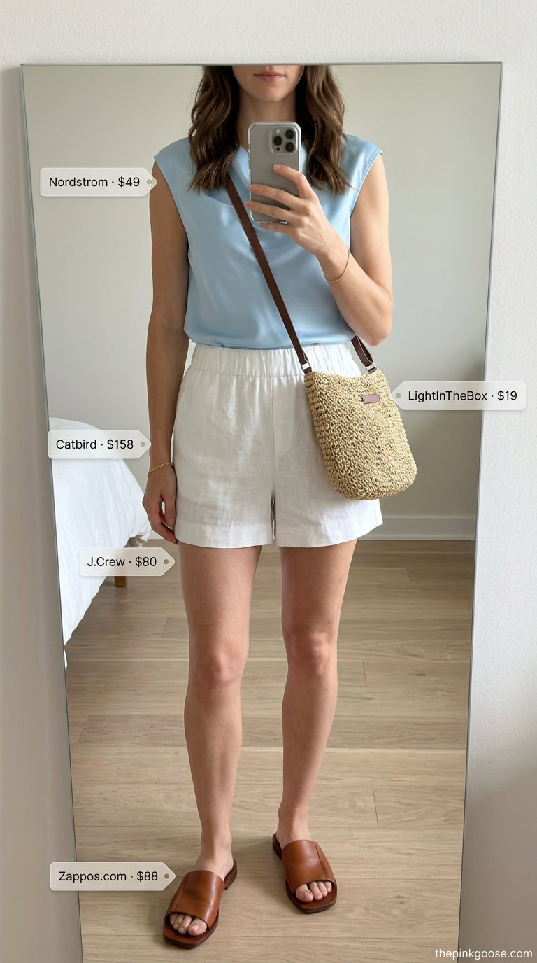 Sky blue cowl neck tank top with white linen shorts for women 2026.