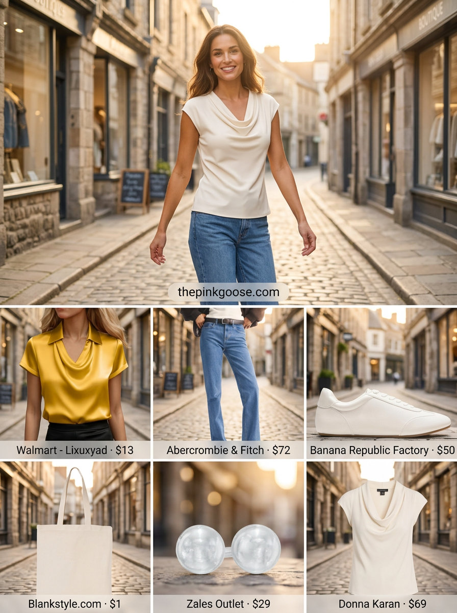 Bright lemon yellow cowl neck t-shirt with blue denim jeans for women 2026.