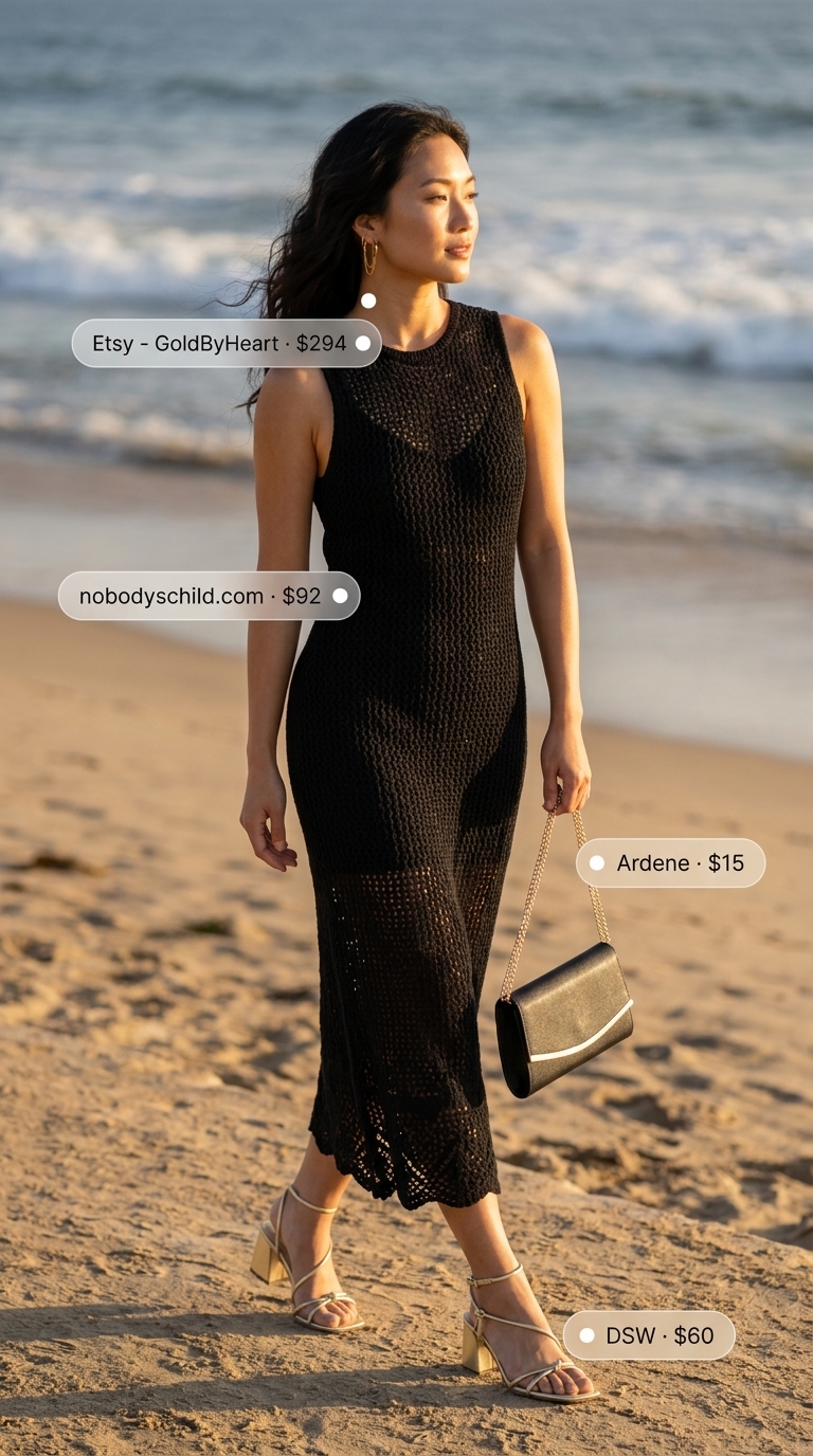 Sophisticated Crochet Beach Outfits 2026 Sophisticated black crochet slip dress for summer crochet beach outfits for women 2026. Ideal for sunset cocktails.